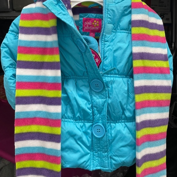 New Puffer Jacket with Hat and Rainbow Striped Scarf, Girls Size 4T - Aqua - Picture 3 of 10